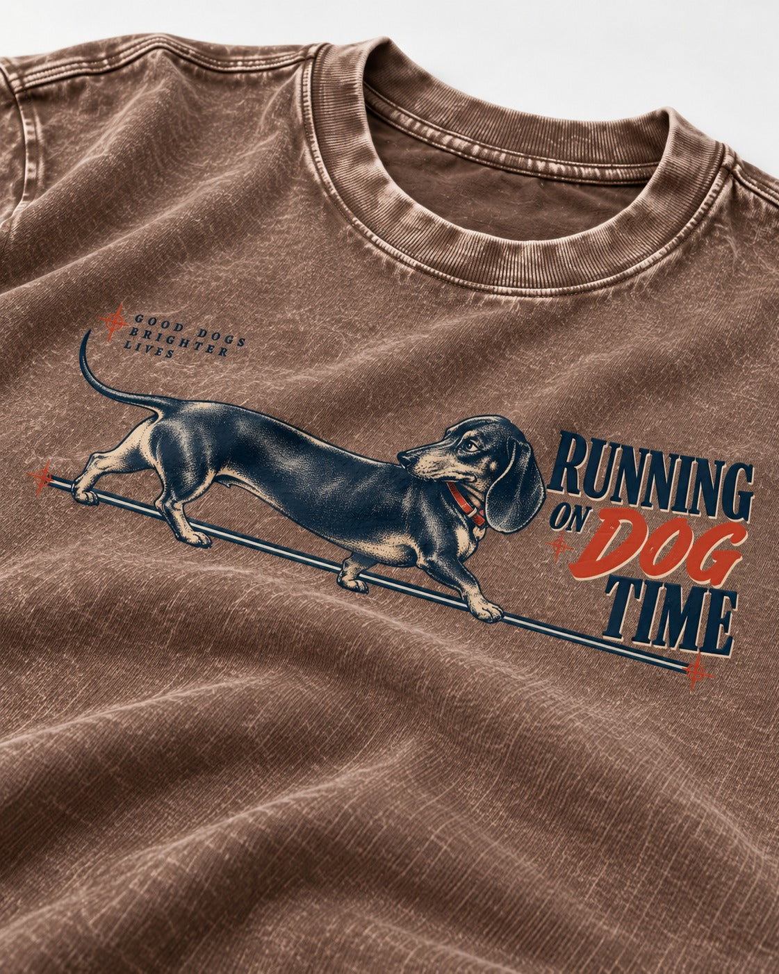 Dachshund Lengthens Life Washed Tee in Coffee, close-up of the graphic