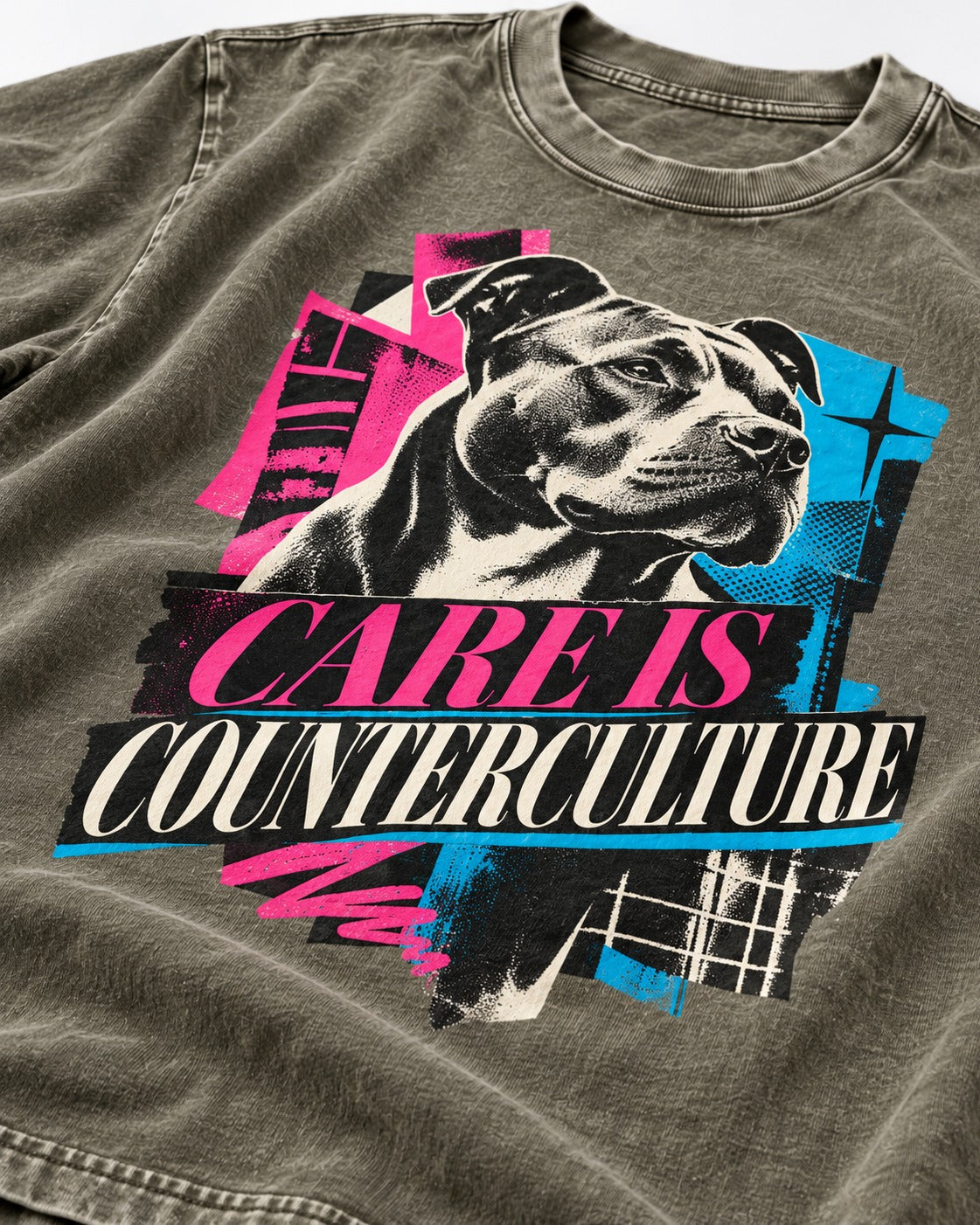 Pitbull Care Is Counterculture Neon Collage Portrait Graphic Washed Tee in Army Green, close-up of the graphic