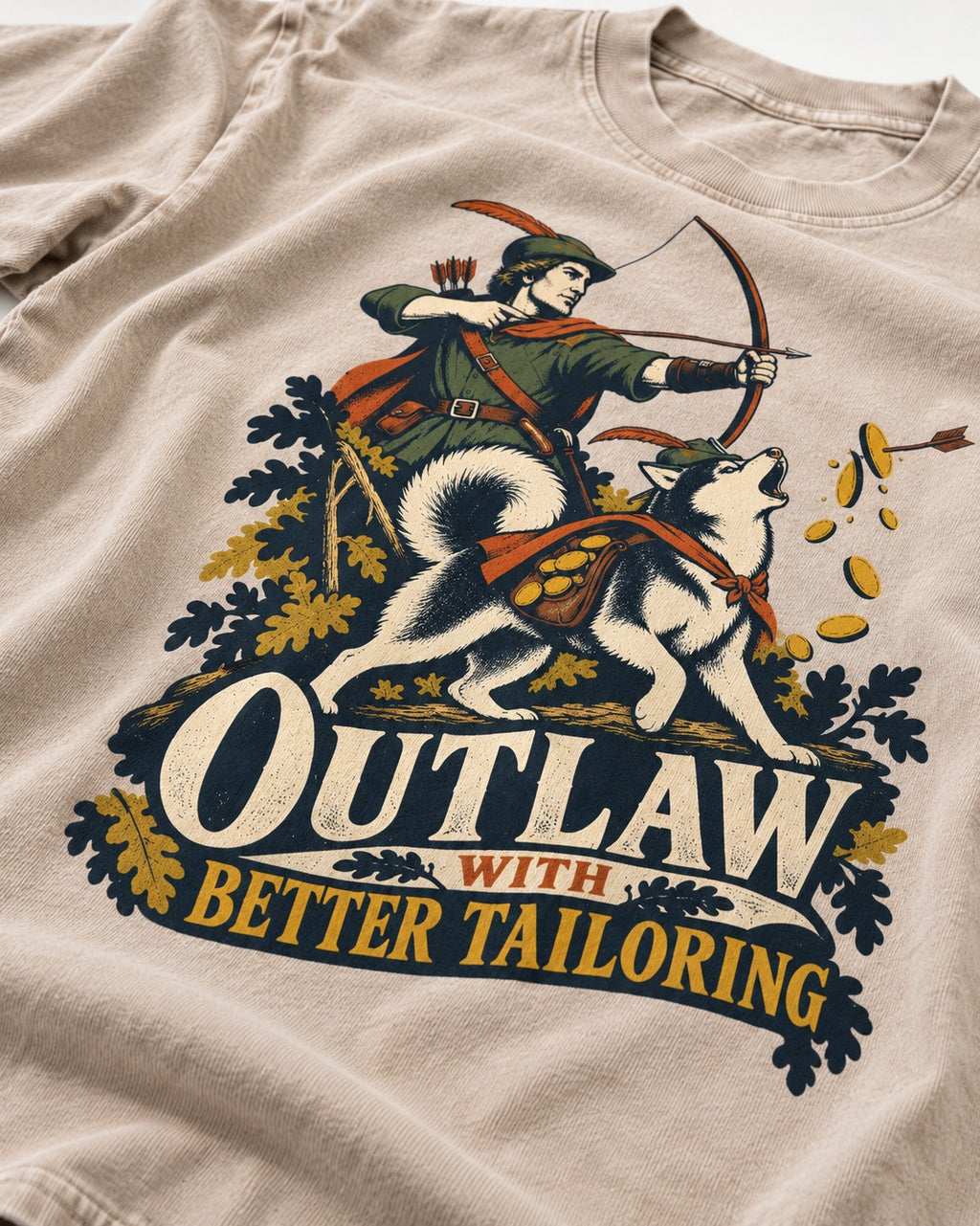 Husky Outlaw with Better Tailoring Washed Tee in Apricot, close-up of the graphic