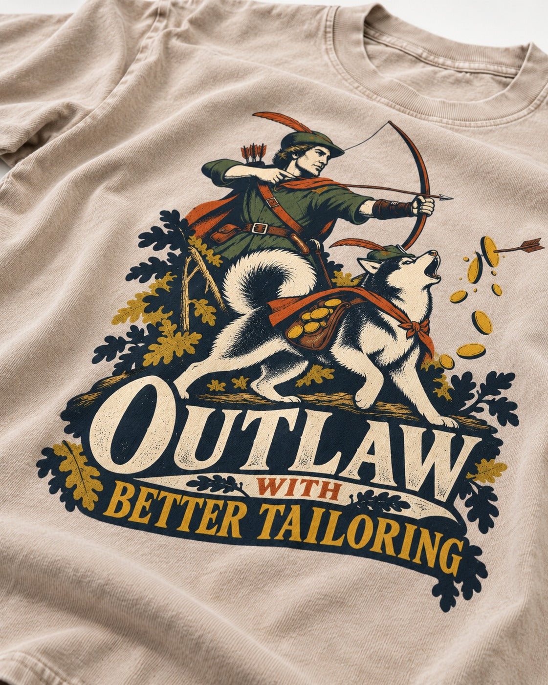 Husky Outlaw with Better Tailoring Washed Tee in Apricot, close-up of the graphic