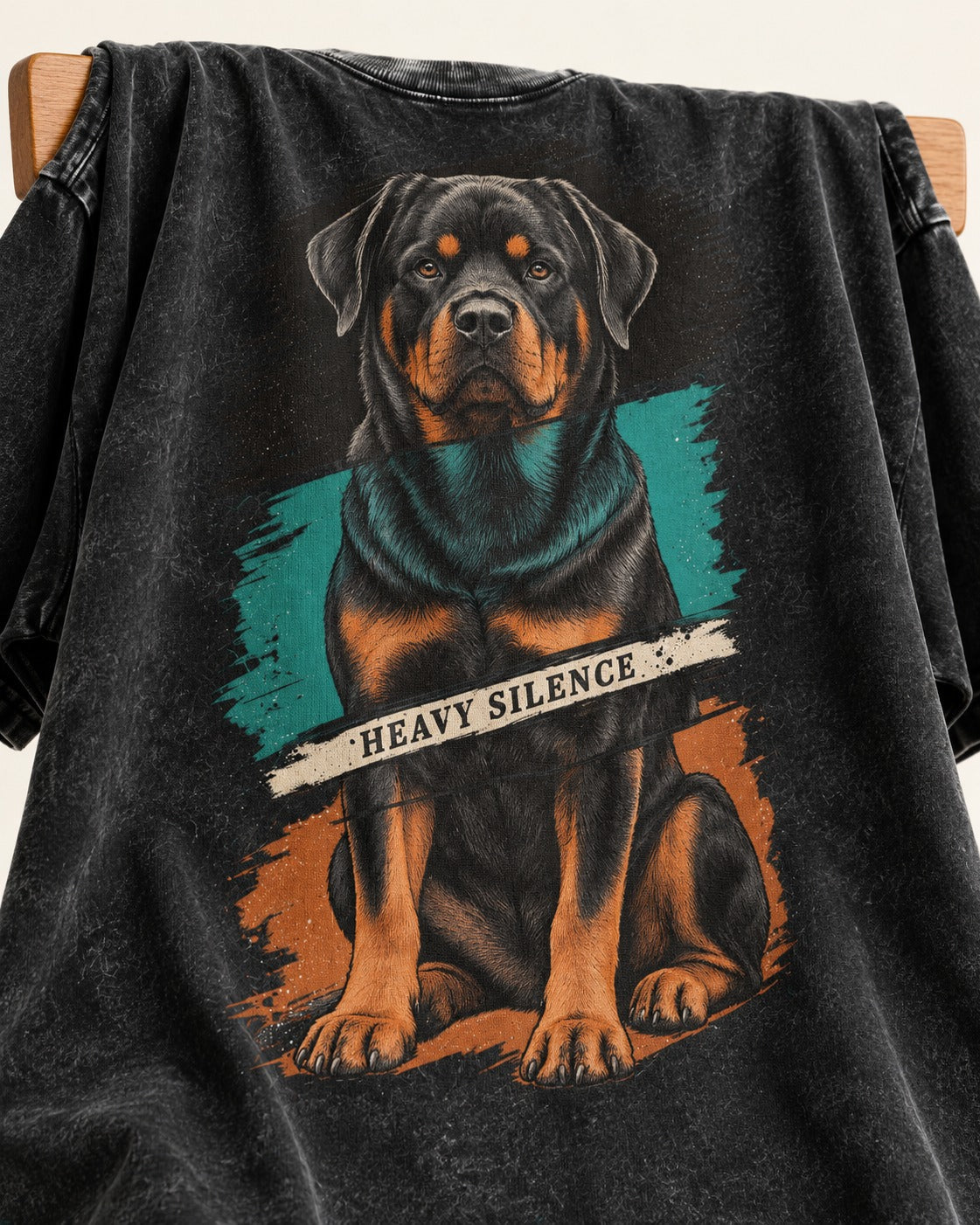 Rottweiler Heavy Silence Brushstroke Portrait Graphic Washed Tee in Black, close-up of the graphic
