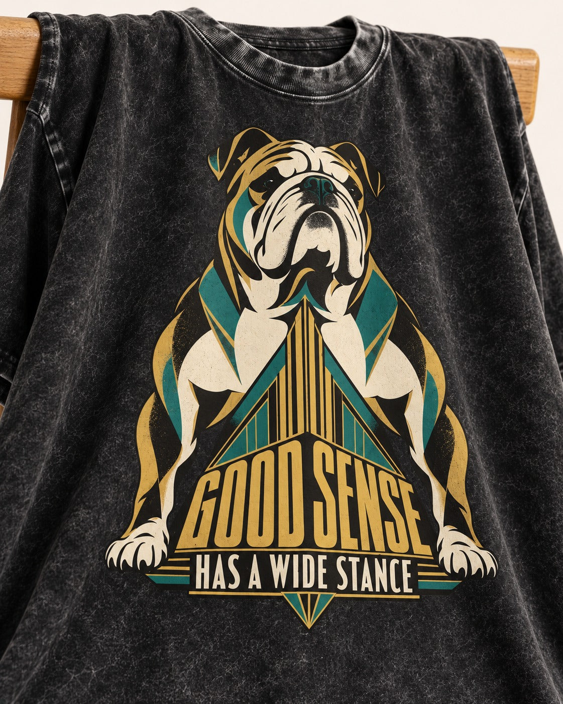 Good Sense Has a Wide Stance English Bulldog Graphic Washed Tee in Black, close-up of the graphic