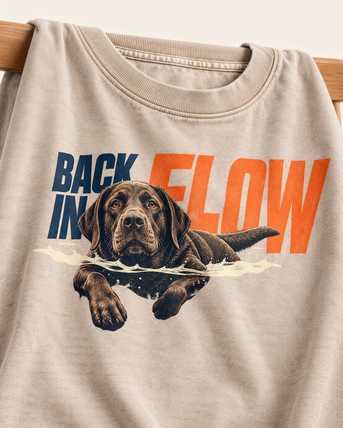 Labrador Retriever Back in Flow Washed Tee in Apricot, close-up of the graphic