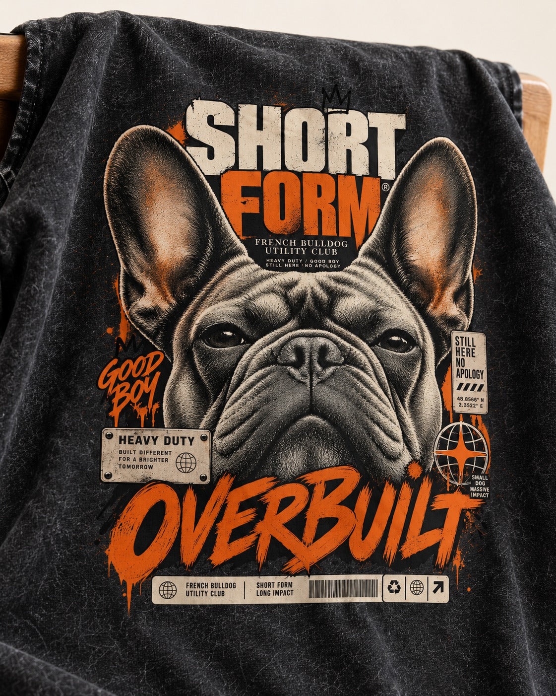 Frenchie Short Form Overbuilt Utility Club Poster Graphic Washed Tee in Black, close-up of the graphic