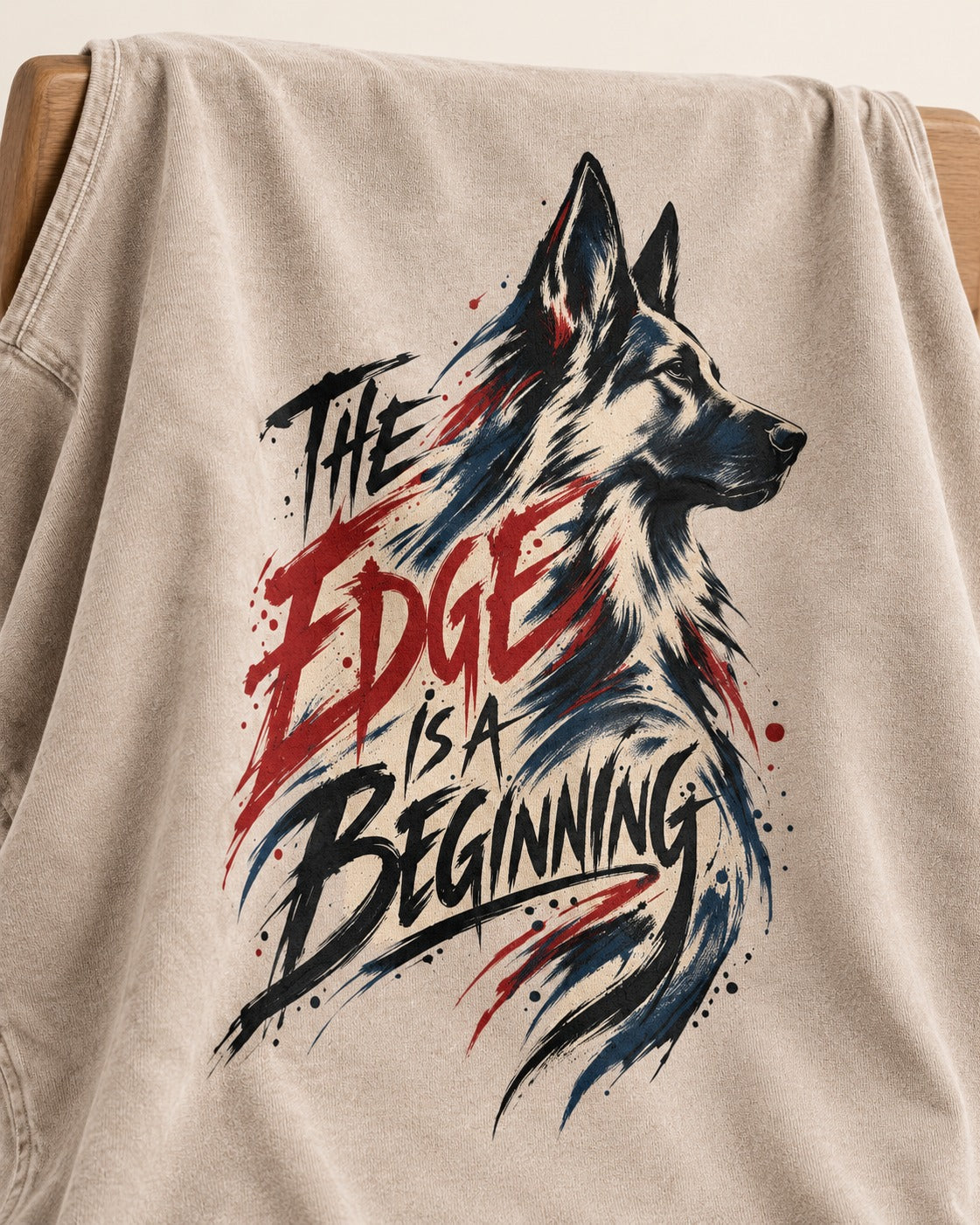 Edge Is a Beginning German Shepherd Dog Washed Tee in Apricot, close-up of the graphic
