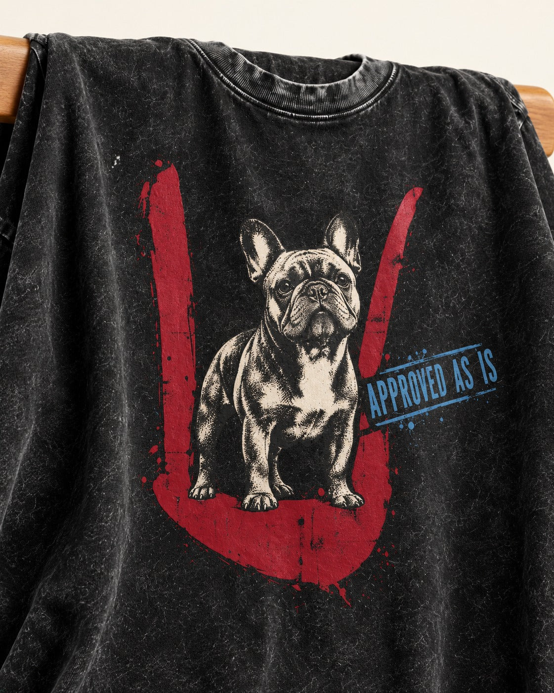 Frenchie Approved As Is Check Mark Graphic Washed Tee in Black, close-up of the graphic