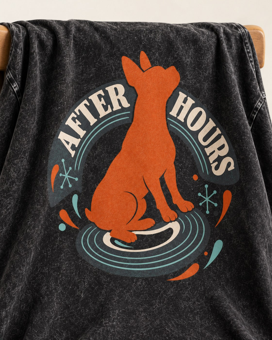 After Hours Boston Terrier Record Graphic Washed Tee in Black, close-up of the graphic