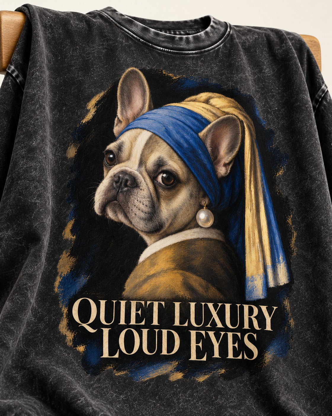 Frenchie Quiet Luxury Loud Eyes Pearl Portrait Graphic Washed Tee in Black, close-up of the graphic