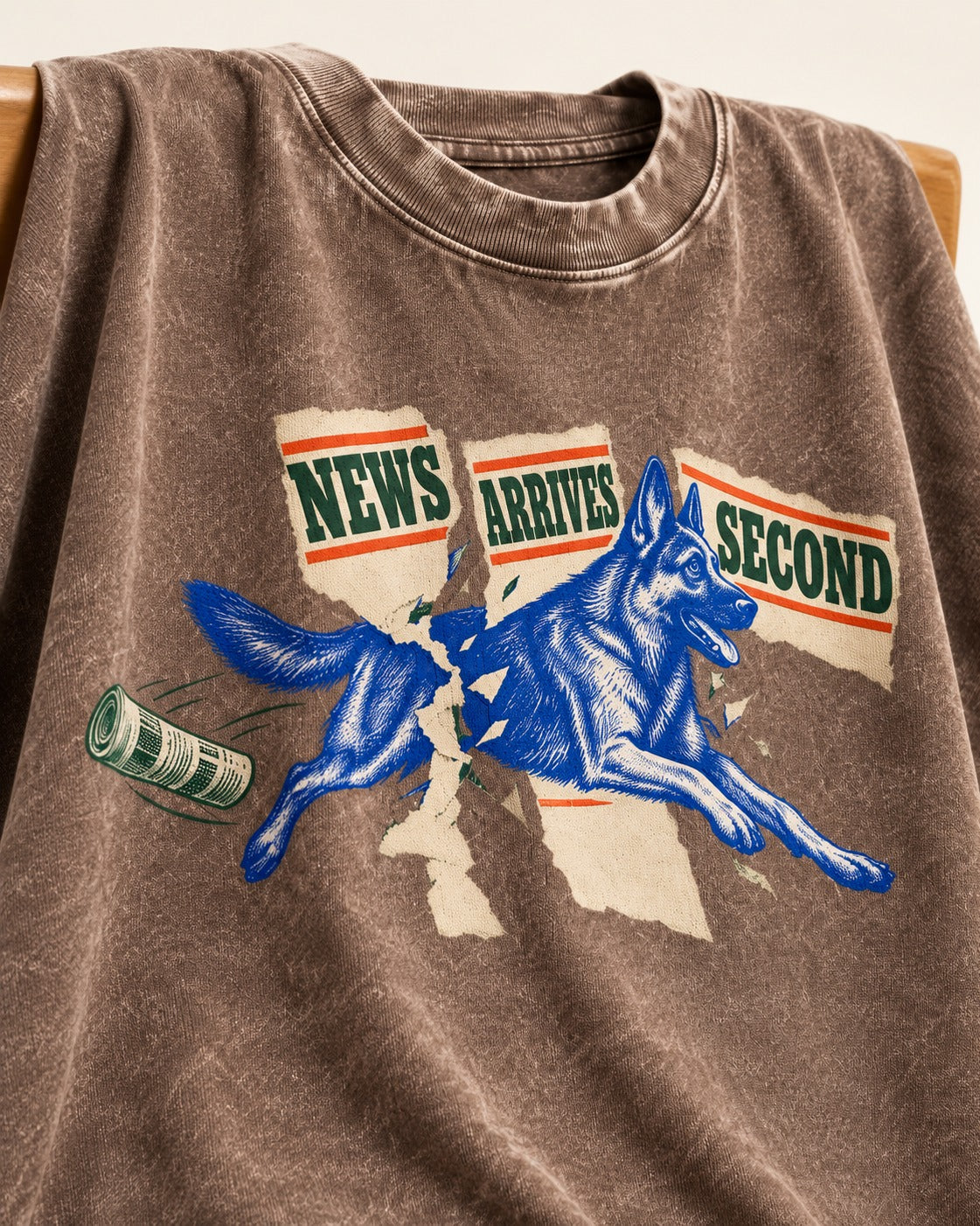 News Arrives Second German Shepherd Dog Washed Tee in Coffee, close-up of the graphic