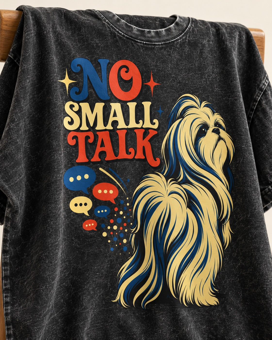 Shih Tzu No Small Talk Speech Bubble Graphic Washed Tee in Black, close-up of the graphic