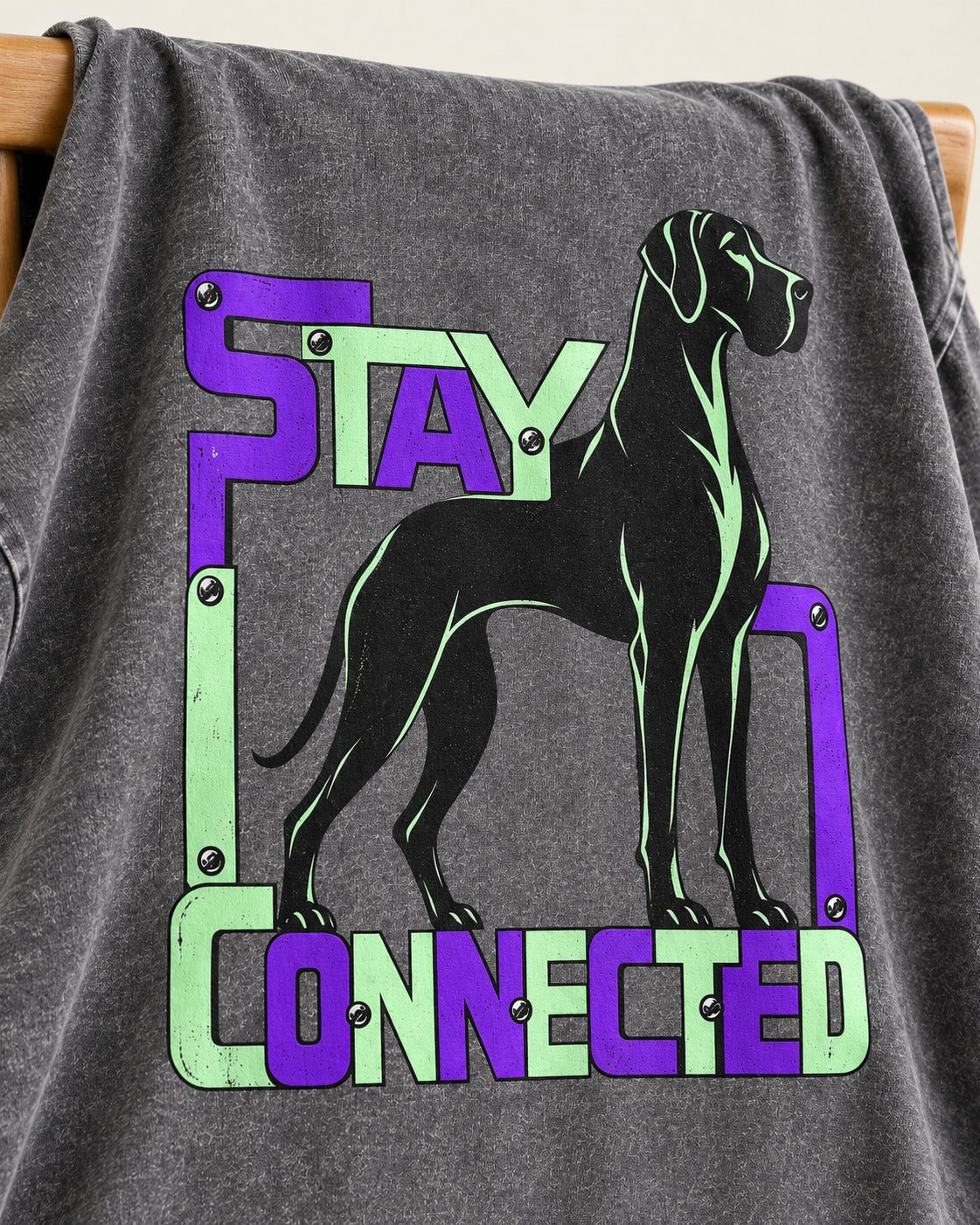 Great Dane Stay Connected Modular Frame Graphic Washed Tee in Gray, close-up of the graphic
