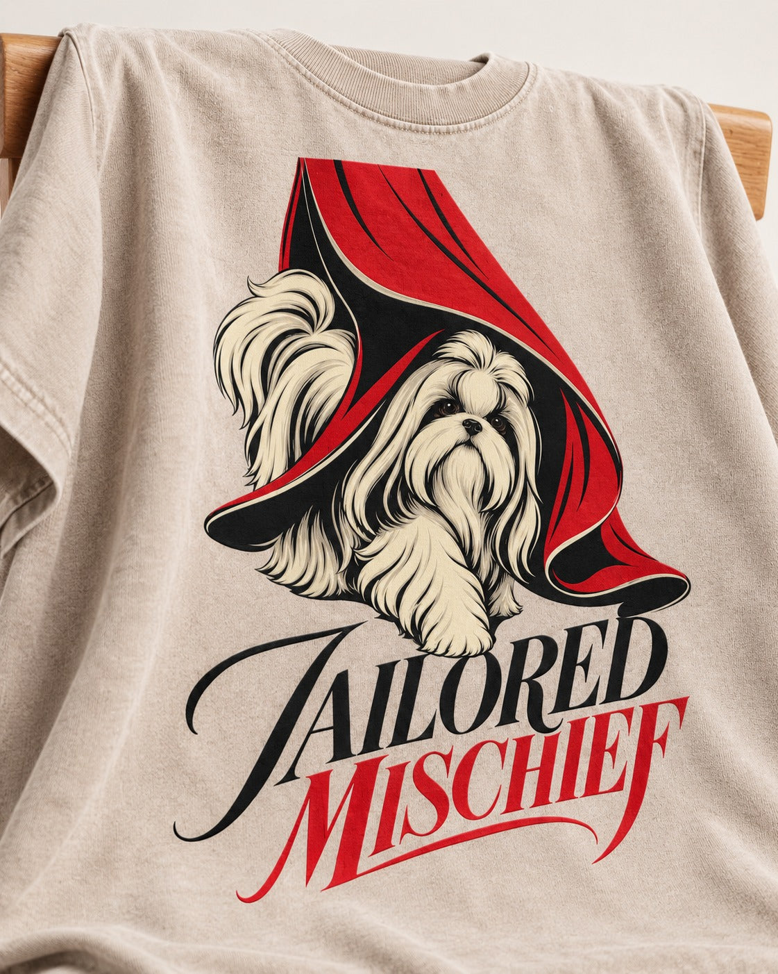 Tailored Mischief Shih Tzu Washed Tee in Apricot, close-up of the graphic