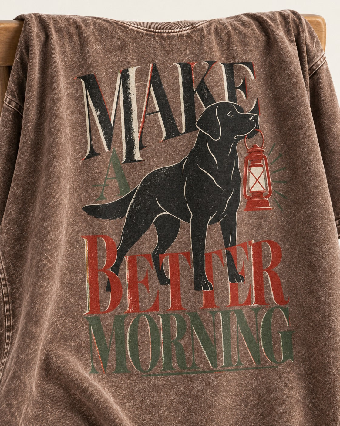 Make a Better Morning Labrador Retriever Washed Tee in Coffee, close-up of the graphic
