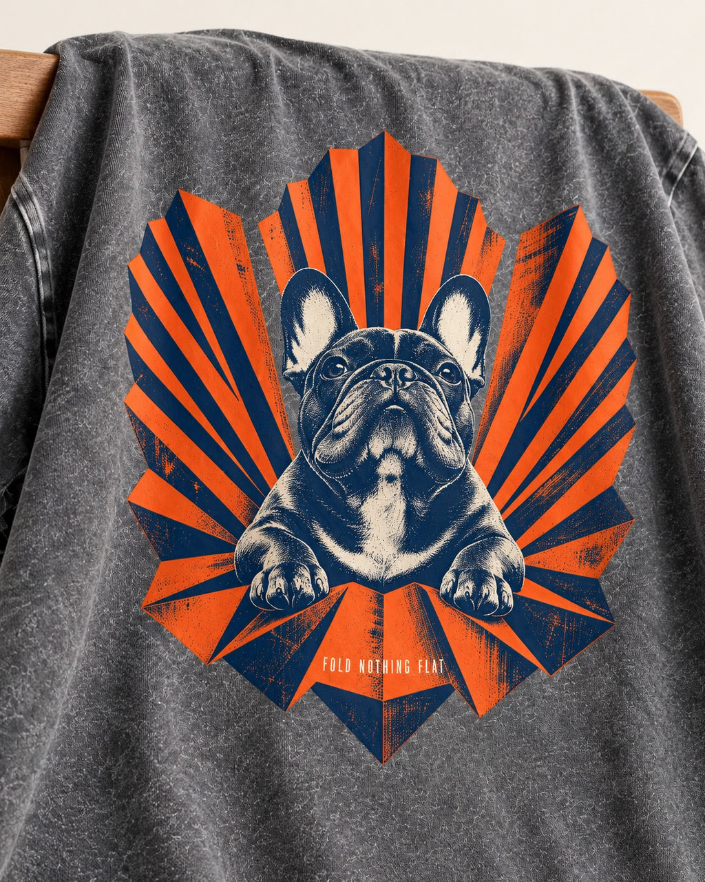 Frenchie Fold Nothing Flat Geometric Fan Graphic Washed Tee in Gray, close-up of the graphic