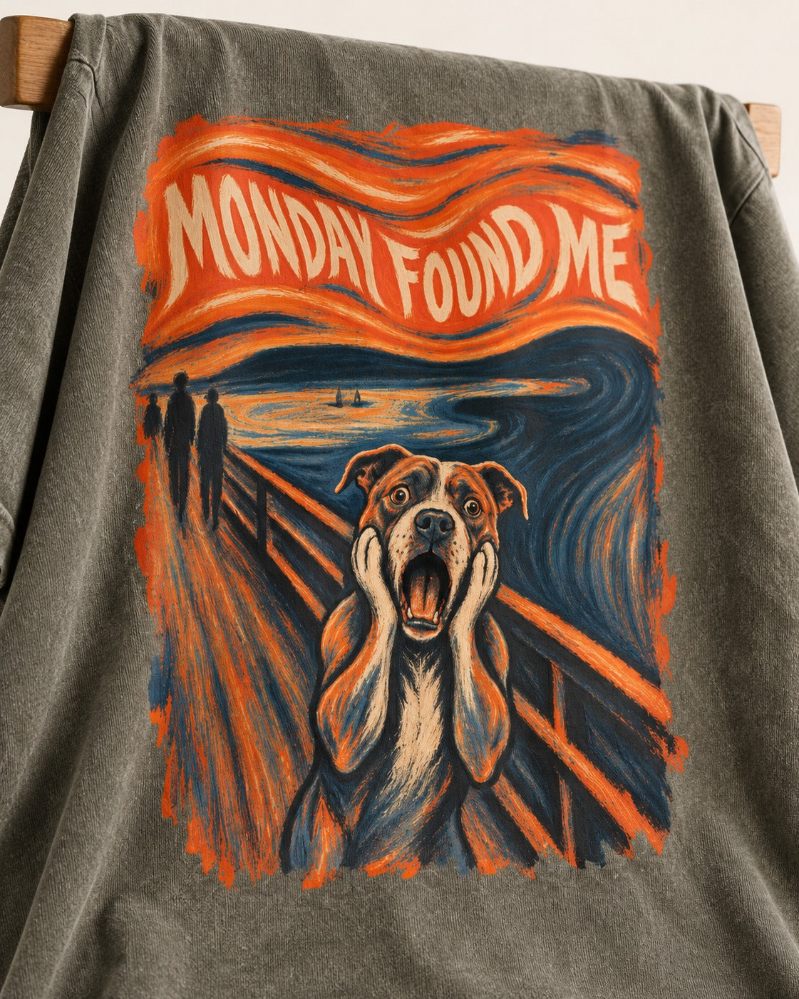 Pitbull Monday Found Me Expressionist Scream Graphic Washed Tee in Army Green, close-up of the graphic