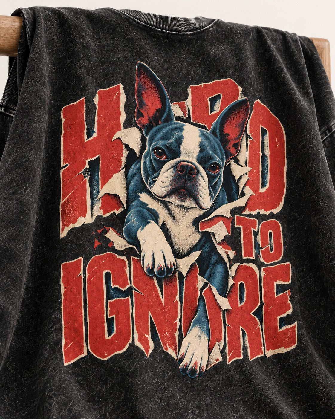 Hard to Ignore Boston Terrier Graphic Washed Tee in Black, close-up of the graphic