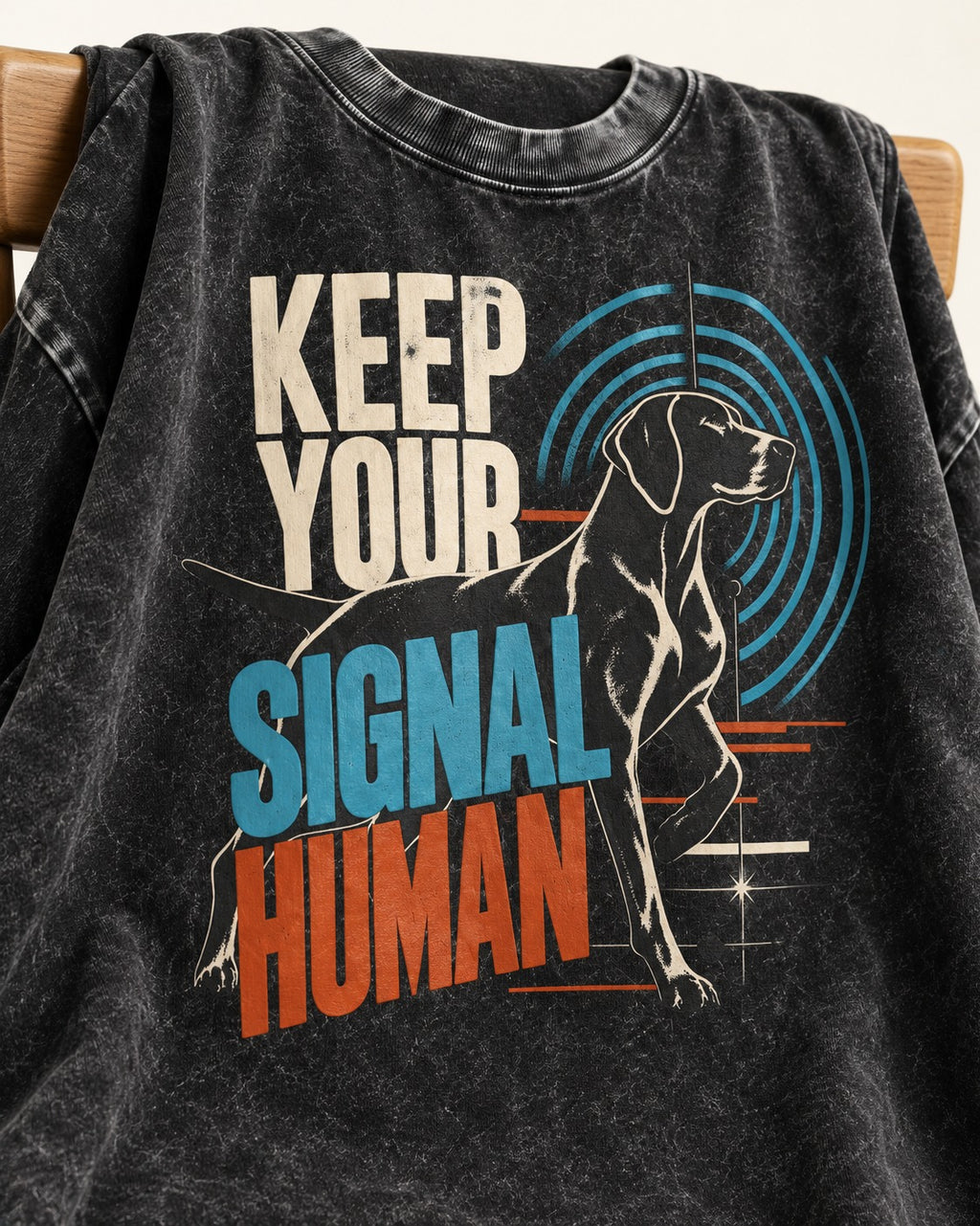 German Shorthaired Pointer Keep Your Signal Human Broadcast Graphic Washed Tee in Black, close-up of the graphic