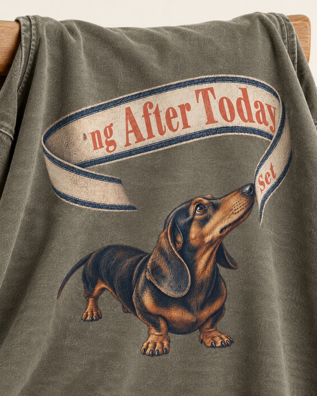 Dachshund ng After Today Set Ribbon Graphic Washed Tee in Army Green, close-up of the graphic