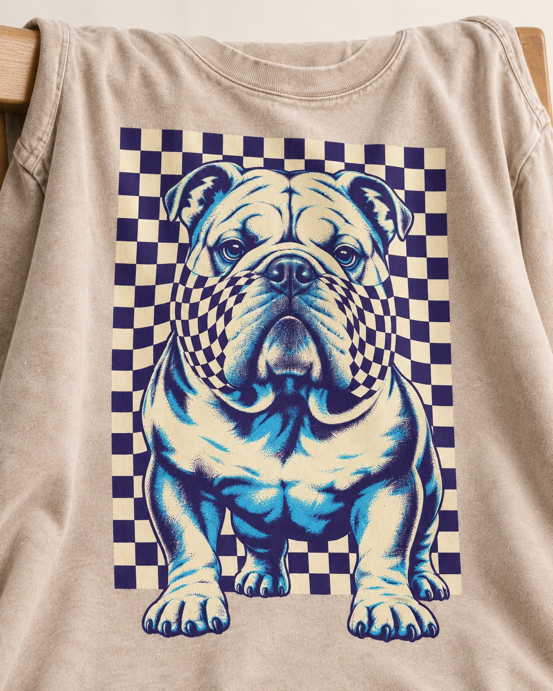 English Bulldog Double Take Washed Tee in Apricot, close-up of the graphic