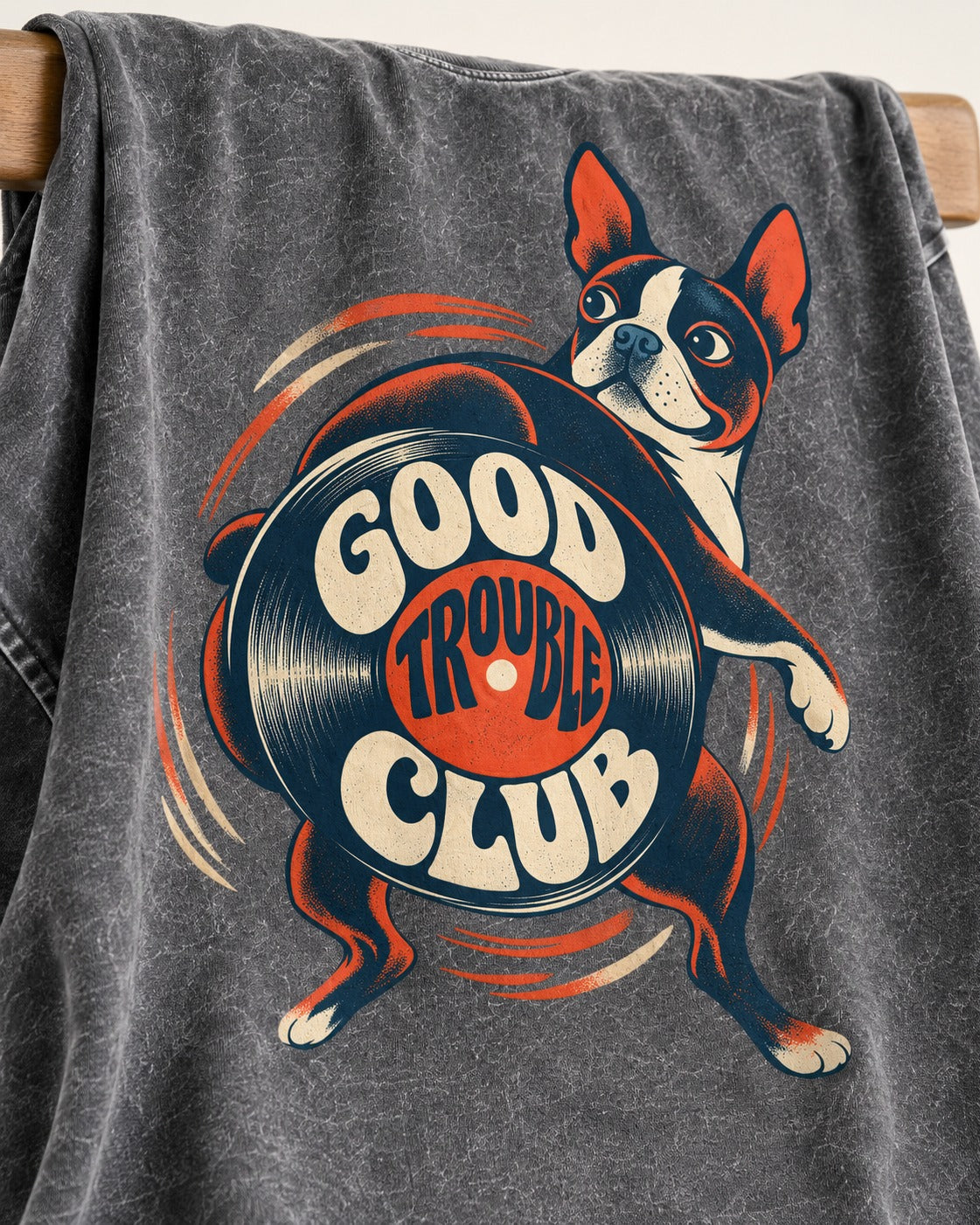 Good Trouble Club Boston Terrier Washed Tee in Gray, close-up of the graphic