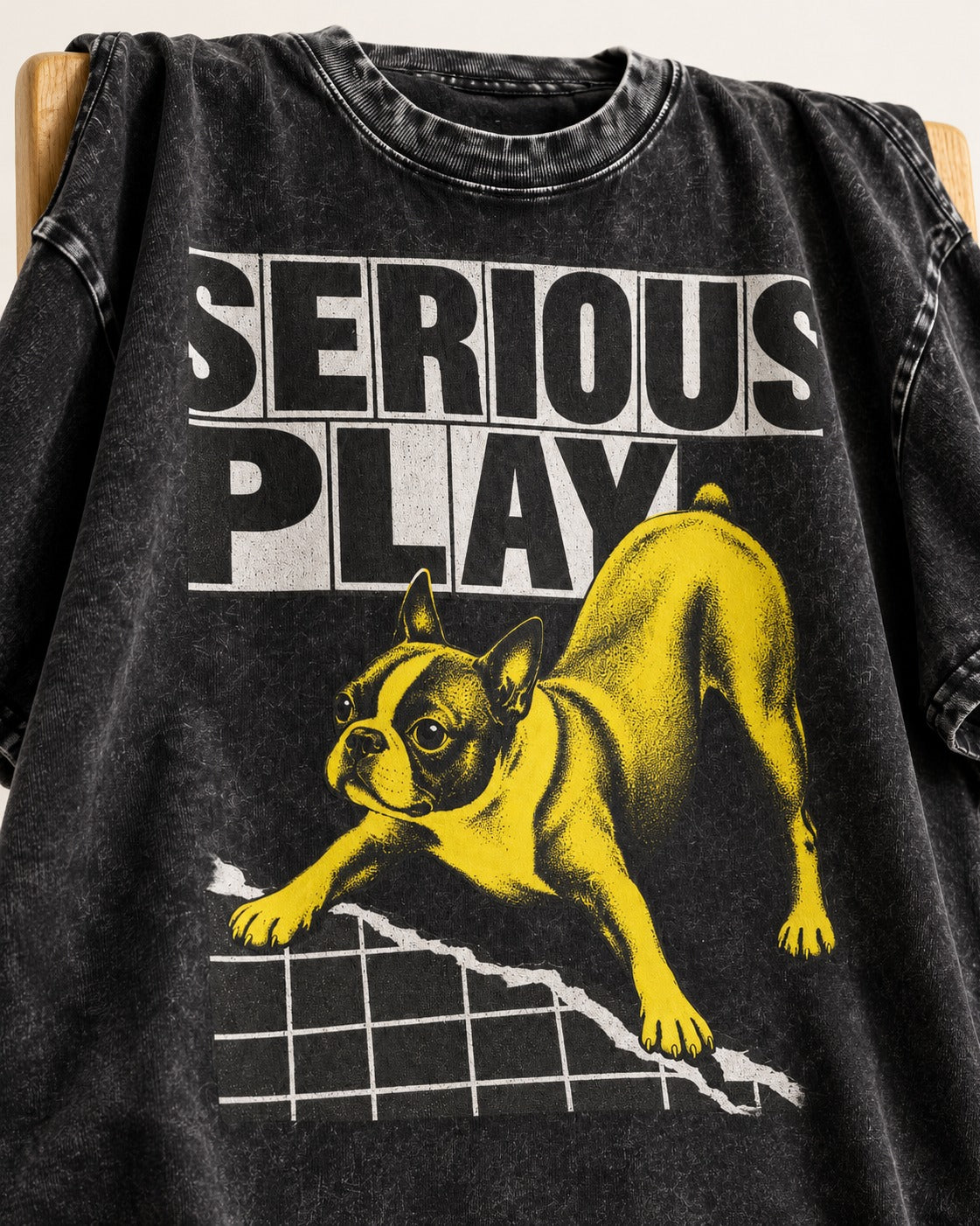 Boston Terrier Serious Play Agility Graphic Washed Tee in Black, close-up of the graphic