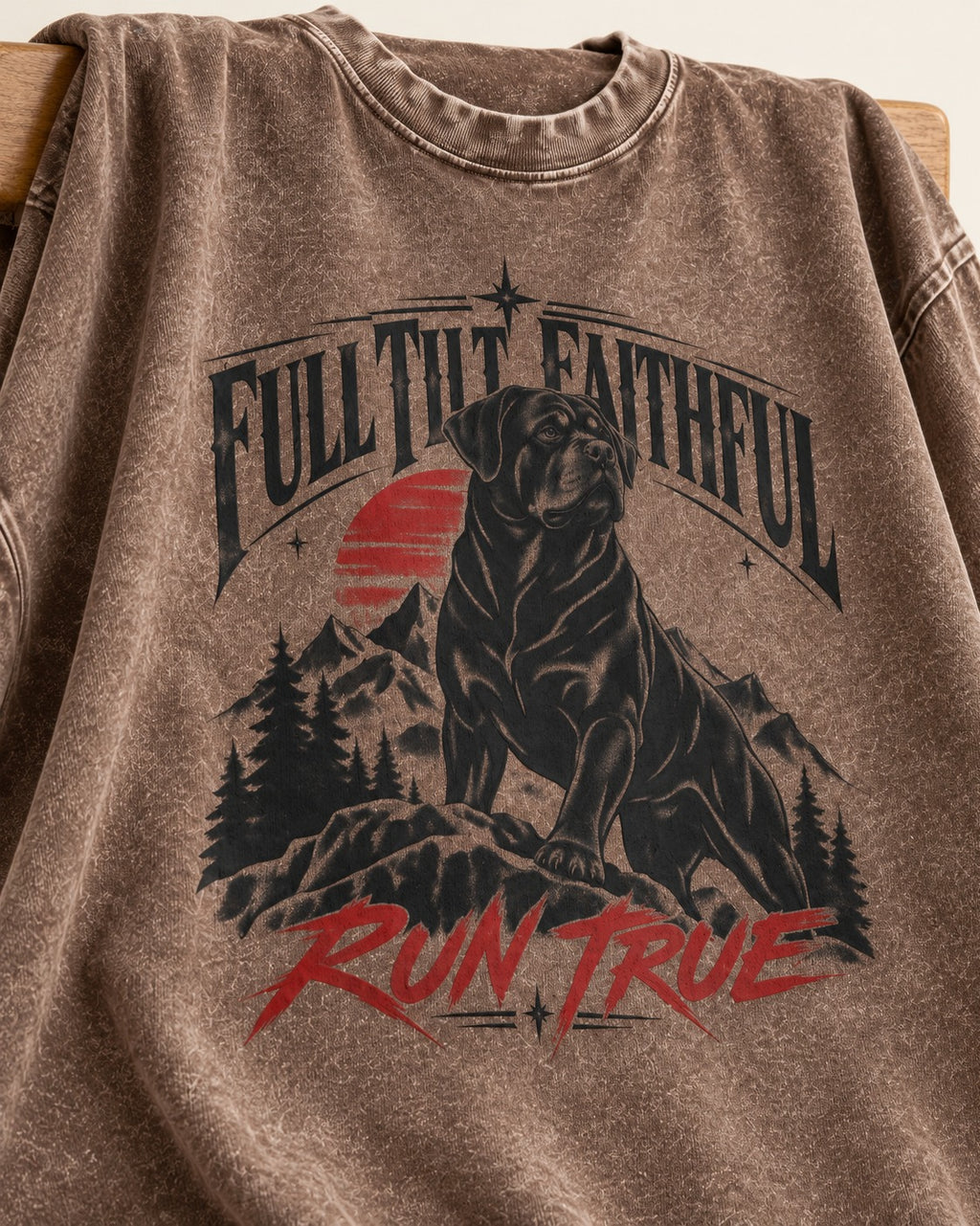 Run True Rottweiler Washed Tee in Coffee, close-up of the graphic