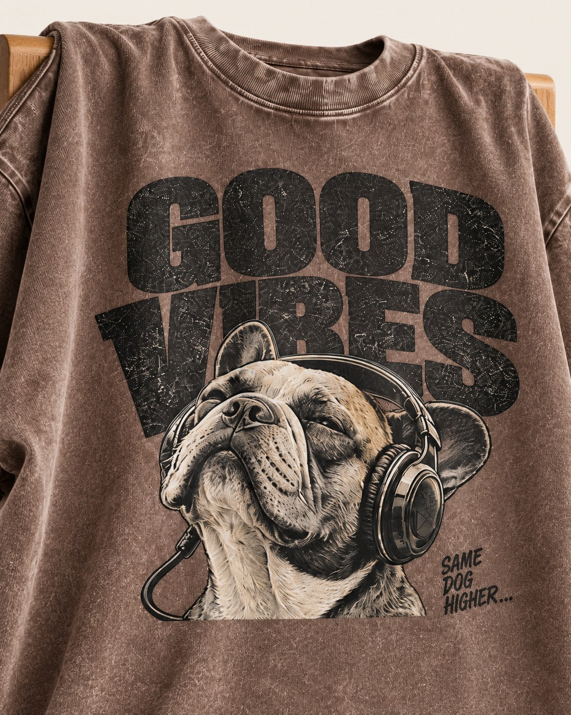 Frenchie Good Vibes Washed Tee in Coffee, close-up of the graphic