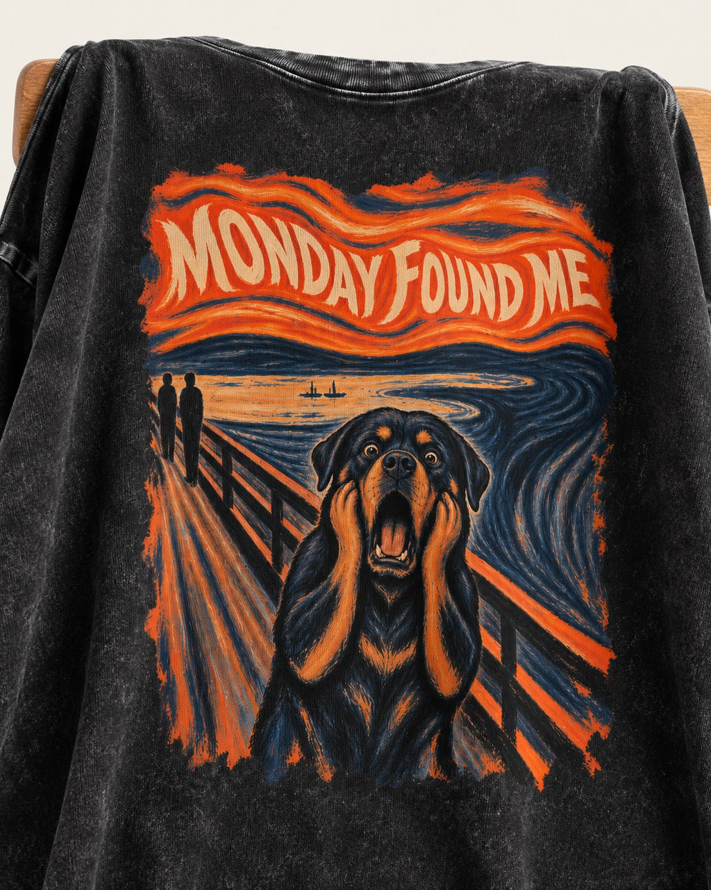 Rottweiler Monday Found Me Scream Parody Graphic Washed Tee in Black, close-up of the graphic