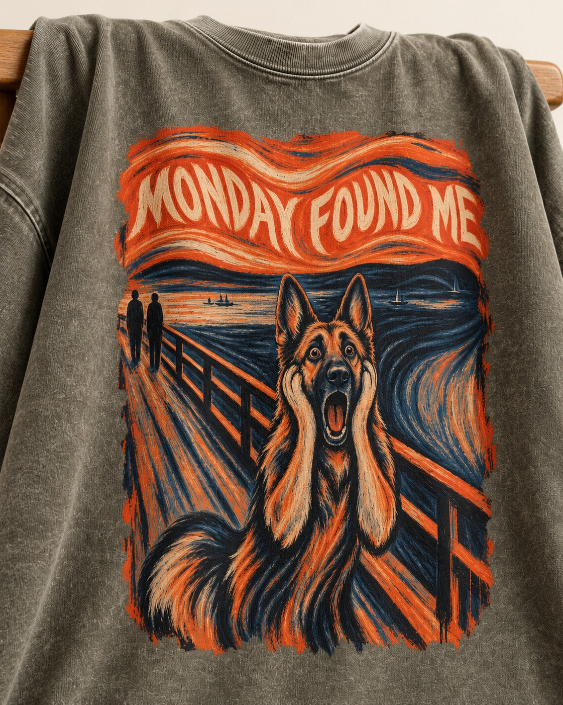 German Shepherd Dog Monday Found Me Scream Graphic Washed Tee in Army Green, close-up of the graphic
