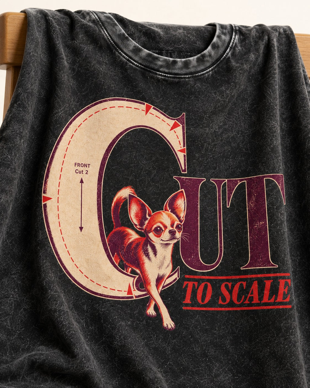 Chihuahua Cut to Scale Sewing Pattern Graphic Washed Tee in Black, close-up of the graphic
