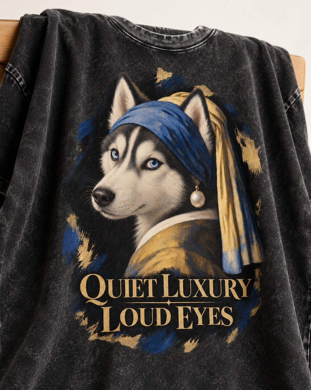 Husky Quiet Luxury Loud Eyes Pearl Portrait Graphic Washed Tee in Black, close-up of the graphic