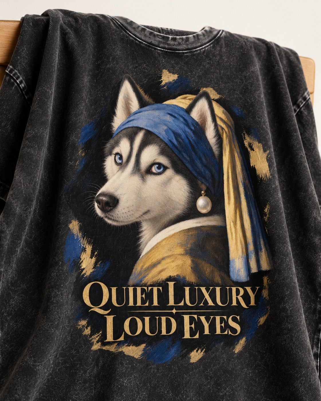Husky Quiet Luxury Loud Eyes Pearl Portrait Graphic Washed Tee in Black, close-up of the graphic