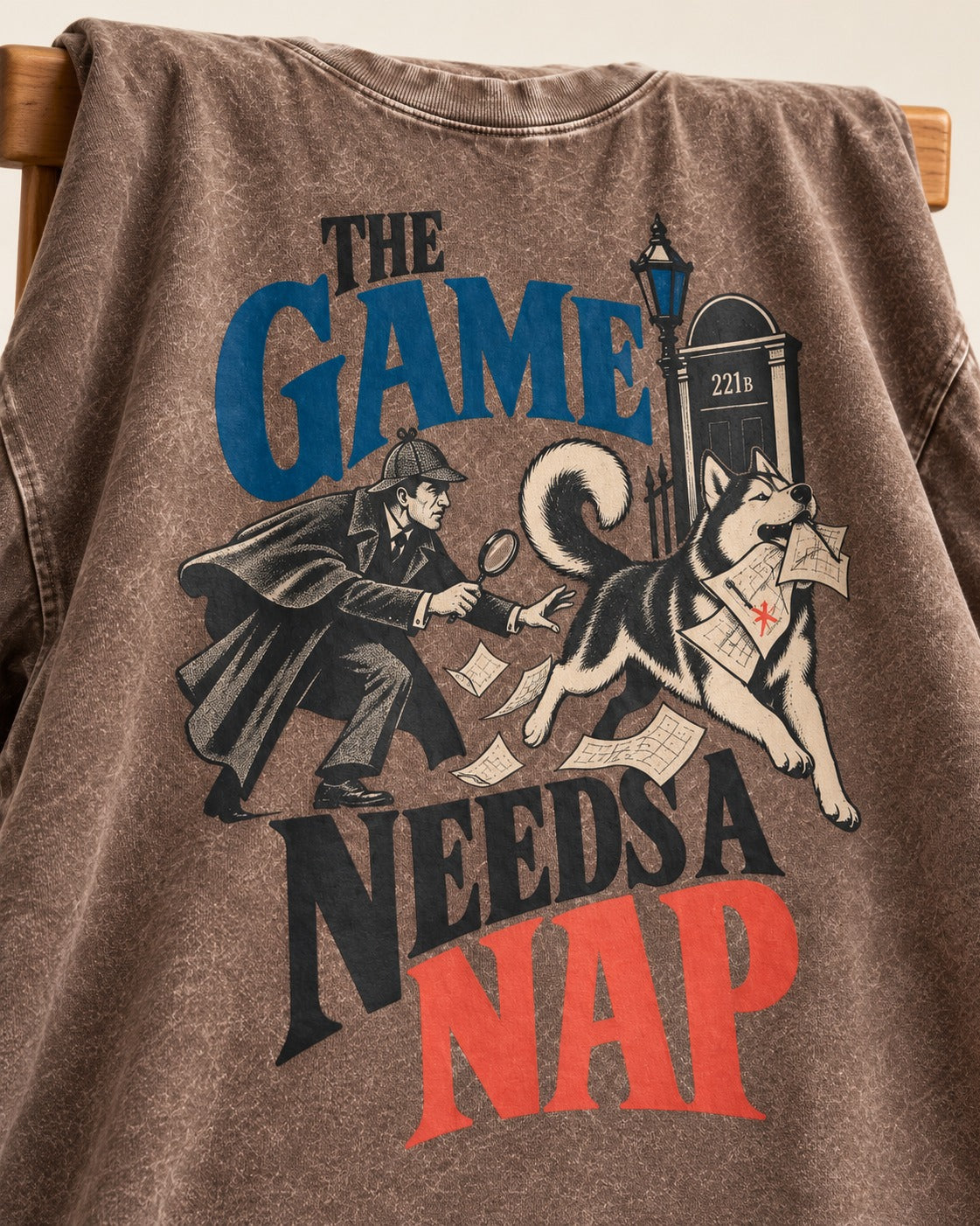 Husky Needs a Nap Washed Tee in Coffee, close-up of the graphic