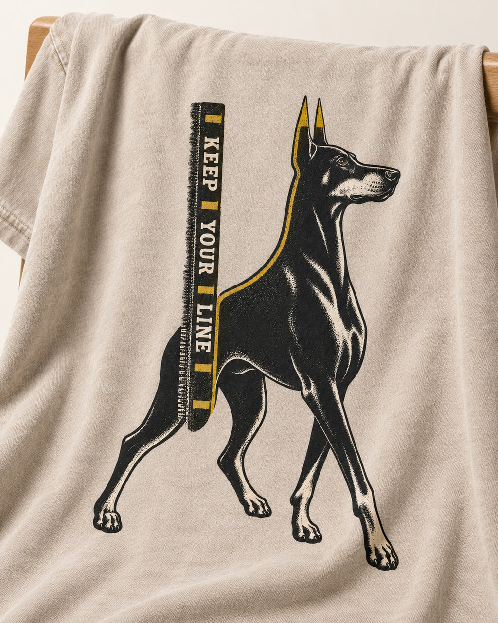 Keep Your Line Doberman Washed Tee in Apricot, close-up of the graphic