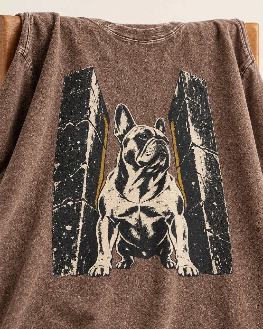 Frenchie Unbreakable Washed Tee in Coffee, close-up of the graphic