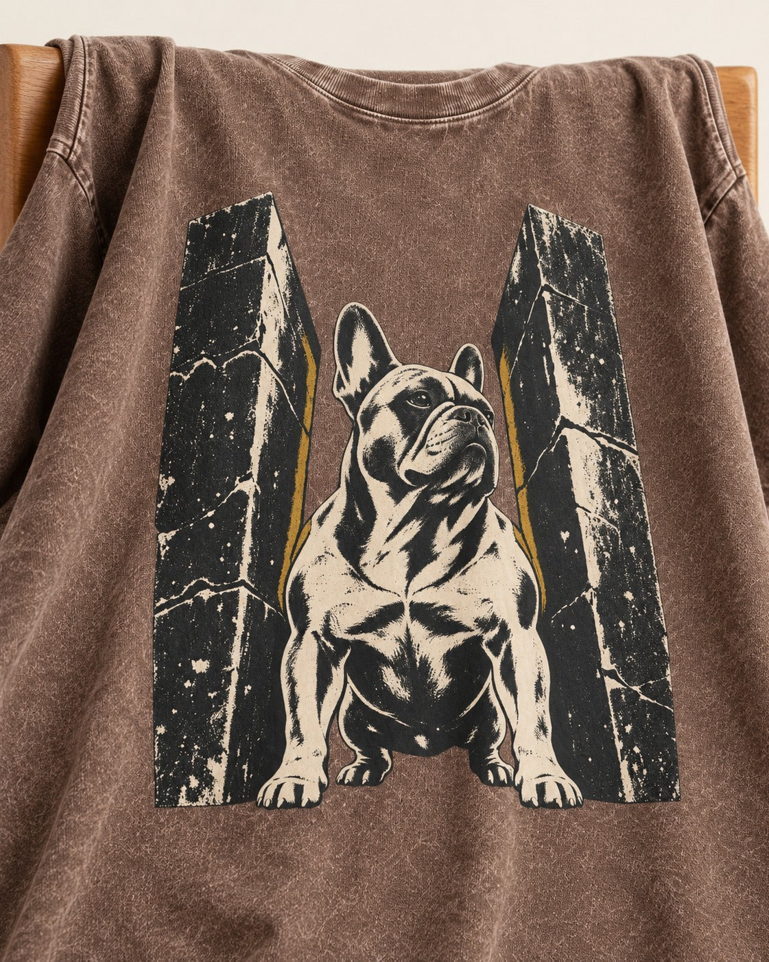 Frenchie Unbreakable Washed Tee in Coffee, close-up of the graphic