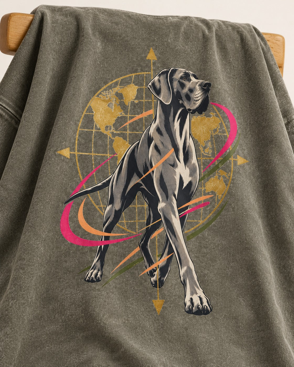 Great Dane Striding Globe Orbit Graphic Washed Tee in Army Green, close-up of the graphic