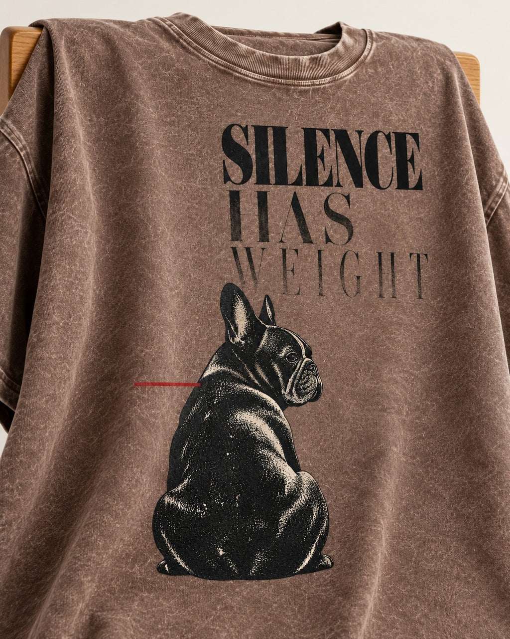 Silence Has Weight Frenchie Washed Tee in Coffee, close-up of the graphic
