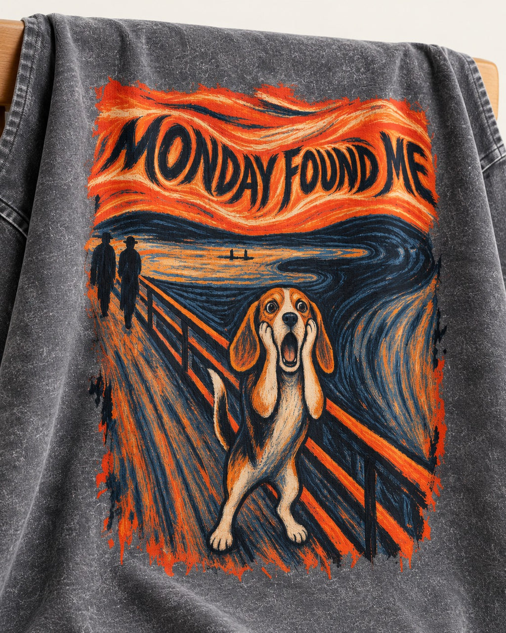 Monday Found Me Beagle Scream Scene Washed Tee in Gray, close-up of the graphic