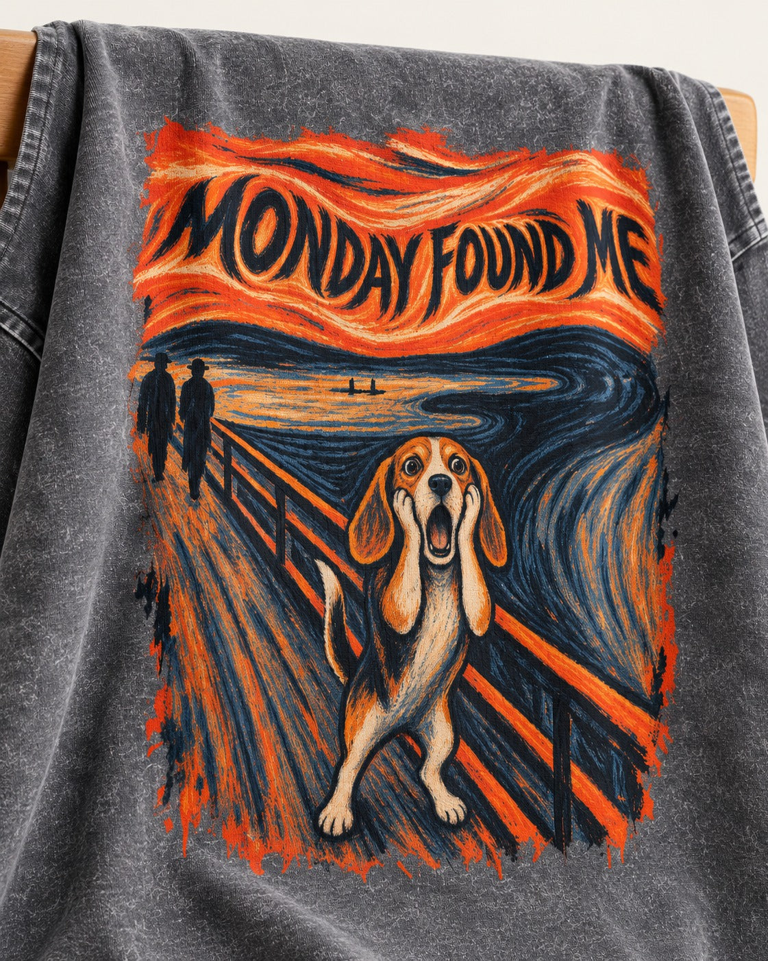 Monday Found Me Beagle Scream Scene Washed Tee in Gray, close-up of the graphic