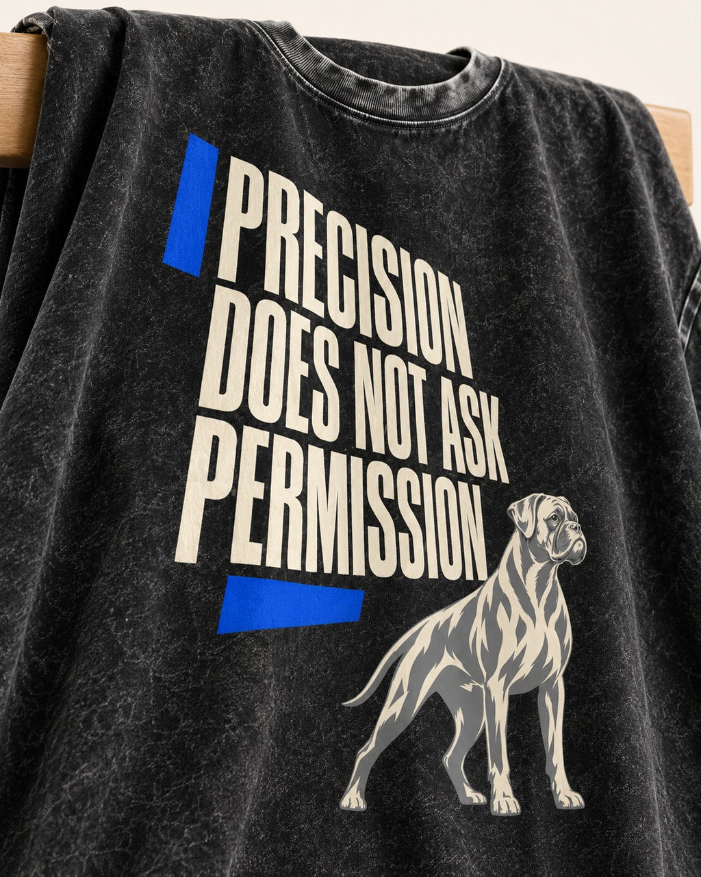 Precision Does Not Ask Permission Boxer Washed Tee in Black, close-up of the graphic
