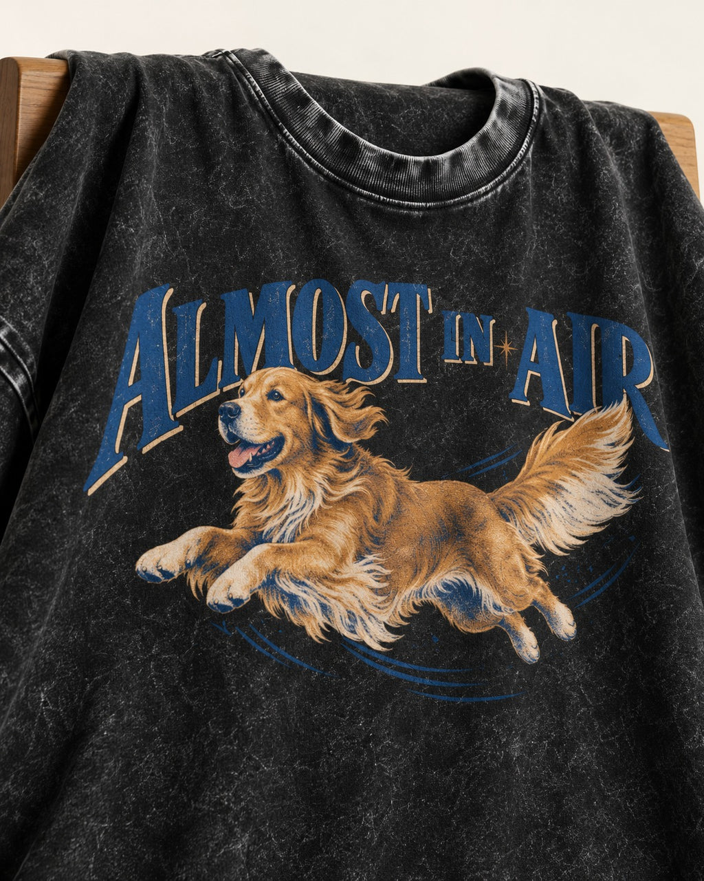 Golden Retriever Almost in Air Flying Graphic Washed Tee in Black, close-up of the graphic
