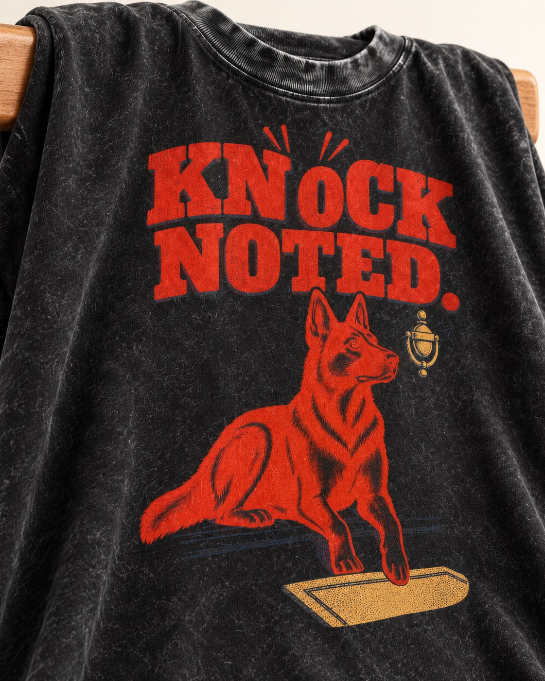 Knock Noted Door Knocker German Shepherd Dog Graphic Washed Tee in Black, close-up of the graphic