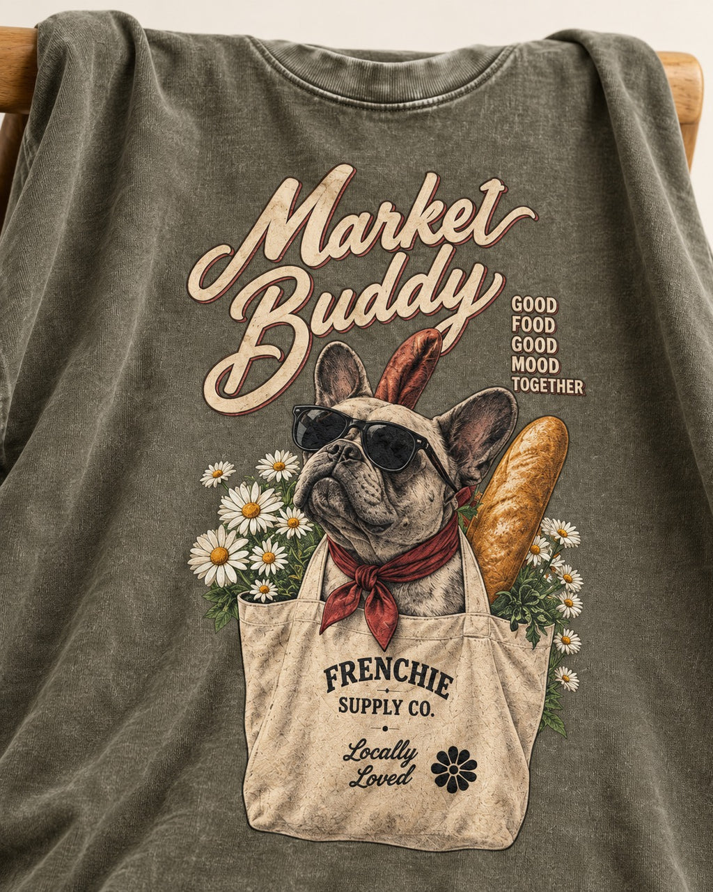 Frenchie Market Buddy Grocery Tote Graphic Washed Tee in Army Green, close-up of the graphic