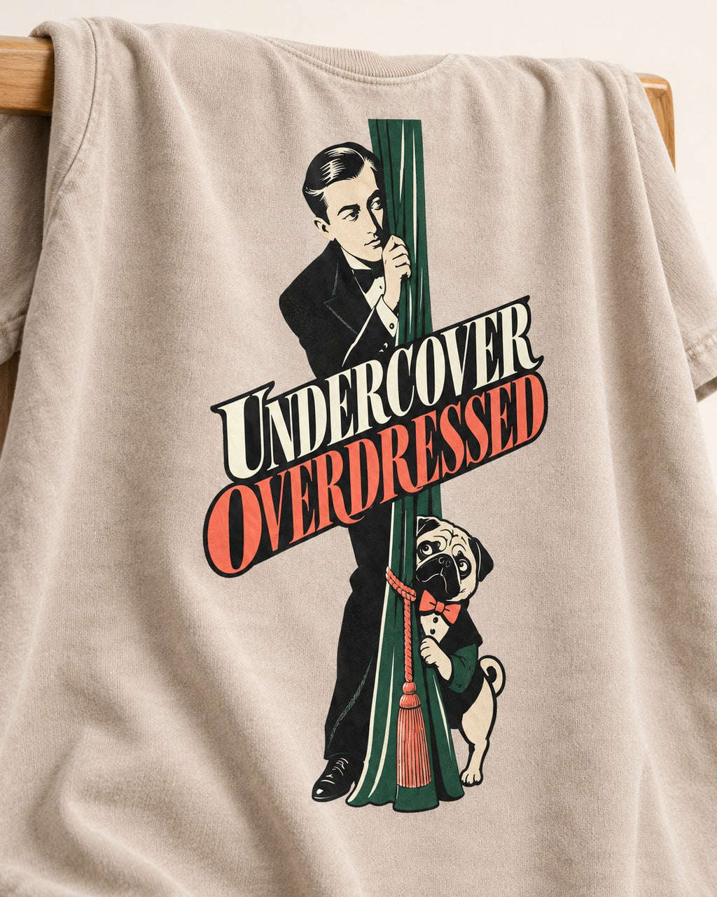 Undercover Overdressed Pug Washed Tee in Apricot, close-up of the graphic