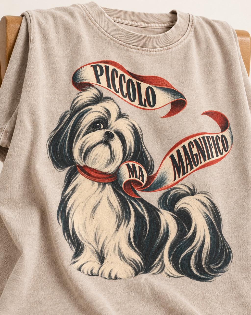 Piccolo Ma Magnifico Shih Tzu Washed Tee in Apricot, close-up of the graphic