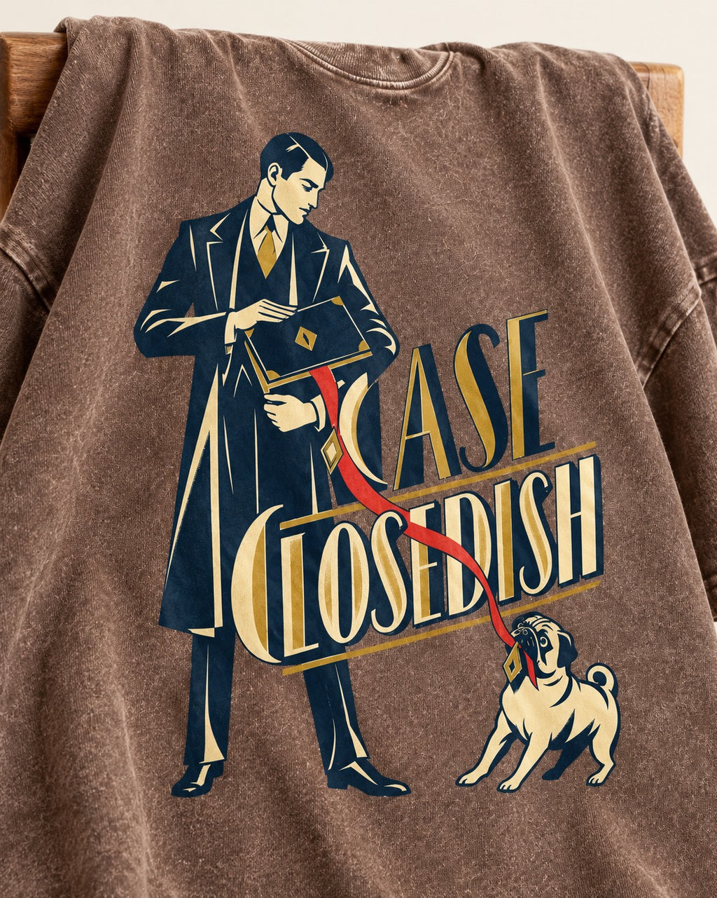 Case Closedish Pug Washed Tee in Coffee, close-up of the graphic