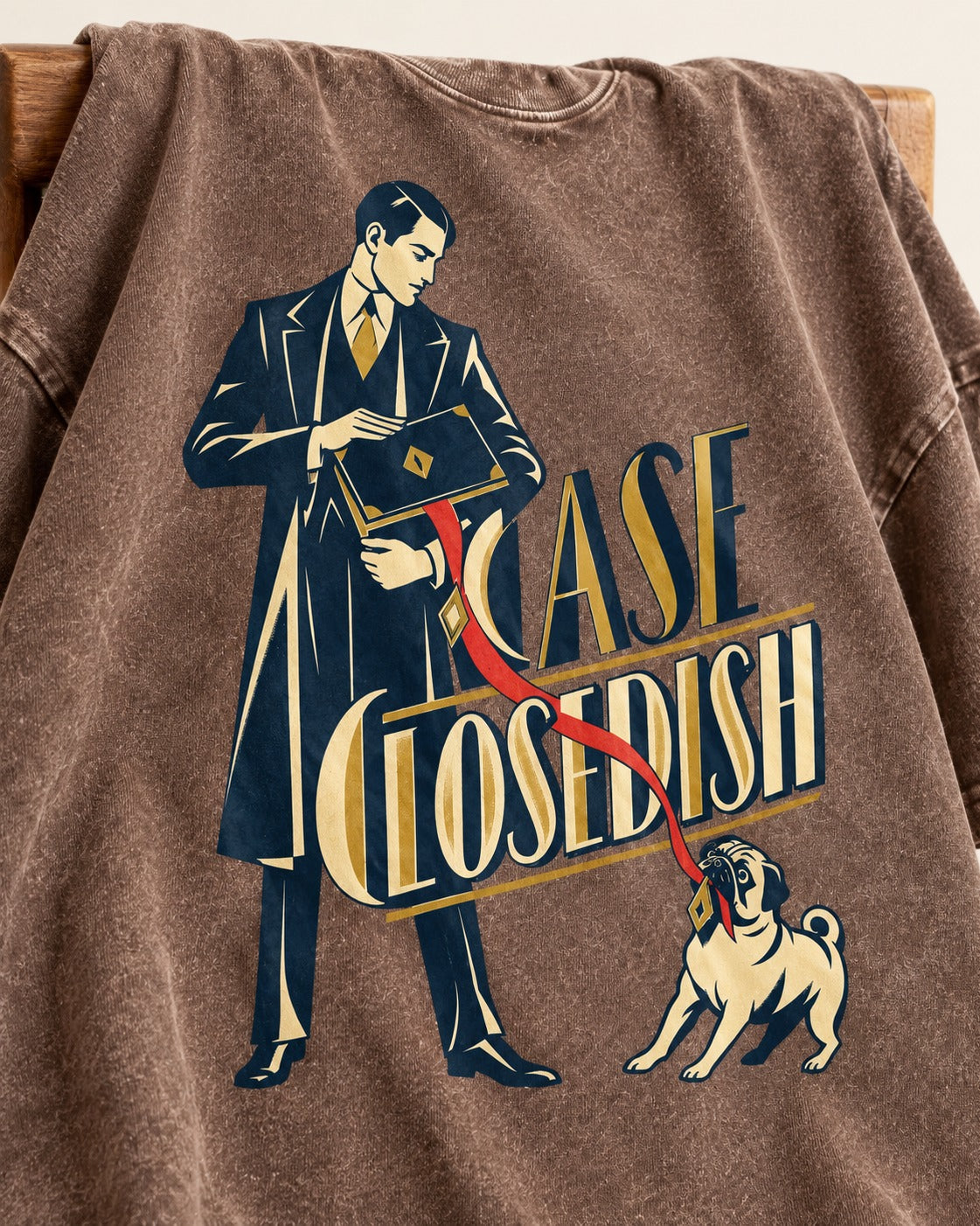 Case Closedish Pug Washed Tee in Coffee, close-up of the graphic