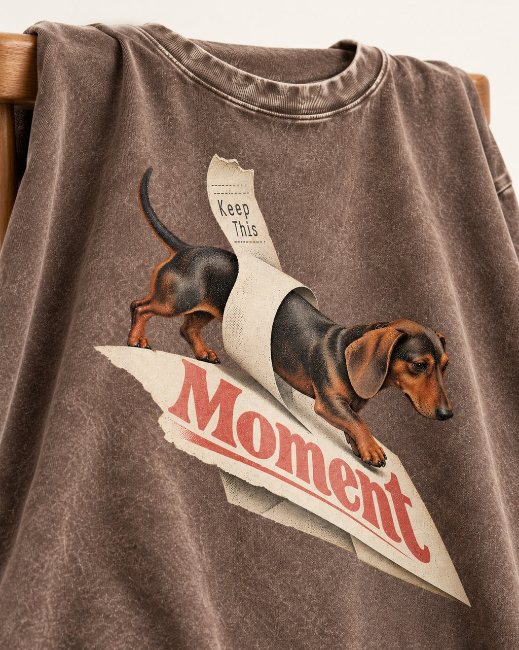 Dachshund Keep This Moment Receipt Graphic Washed Tee in Coffee, close-up of the graphic