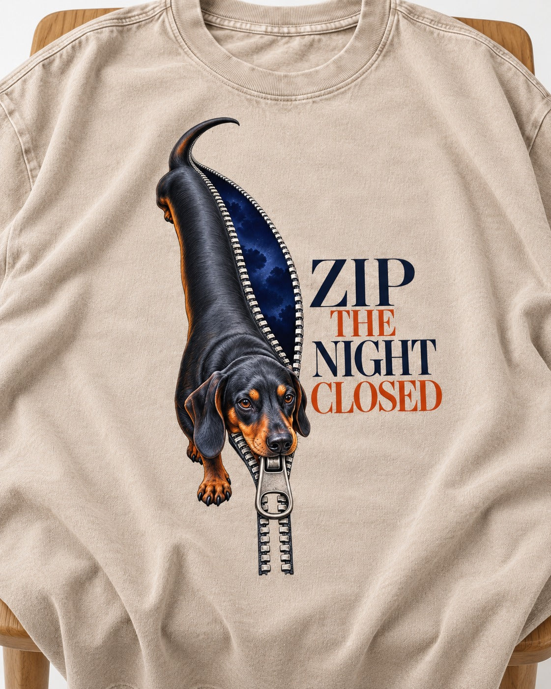 Zip the Night Closed Dachshund Washed Tee in Apricot, close-up of the graphic